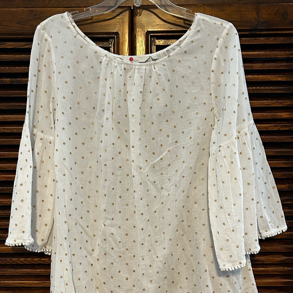 Boden Tilda polka dot white and gold top peplum sleeve women’s 10 regular